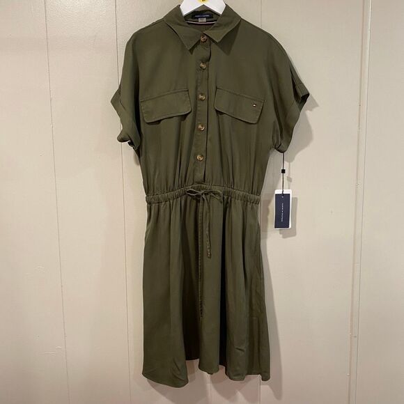 Tommy Hilfiger Olive Green Utility Shirt Dress NWT Size 2 - Picture 1 of 15